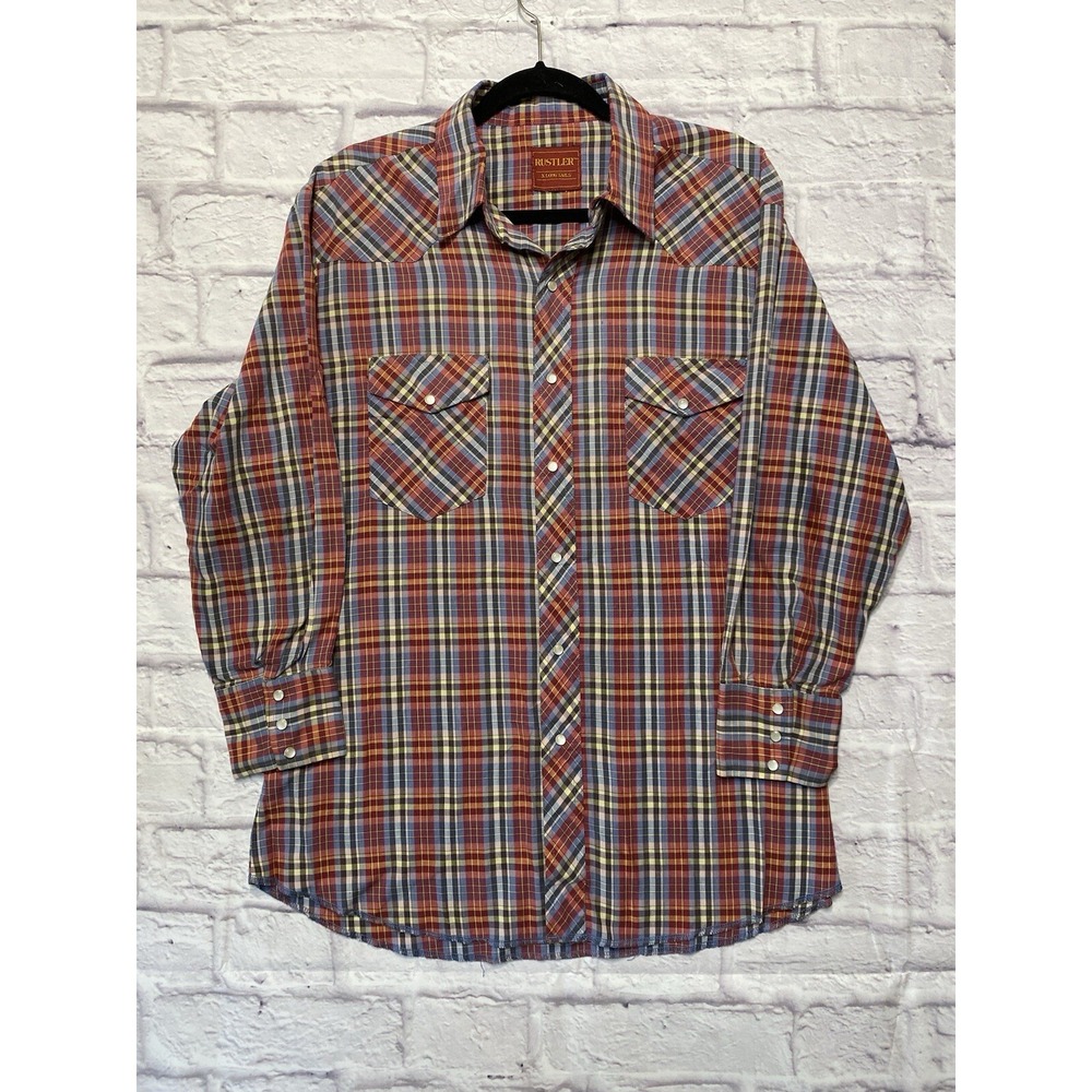 Rustler X-Long Tails Western Shirt Mens‎ Large Red Blue Plaid Pearl Snap Pockets